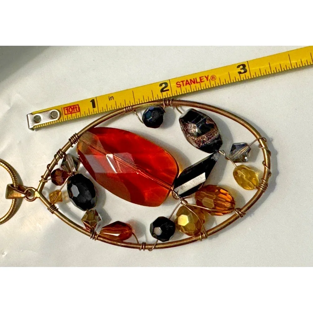 Gold‎ Tone Snake Chain Necklace Amber Multi Bead Wire Wrapped Oval Pendant